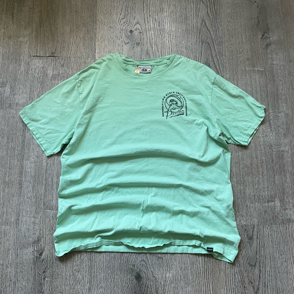 Vintage made in USA tech style pismo beach California skull tee mint green LG